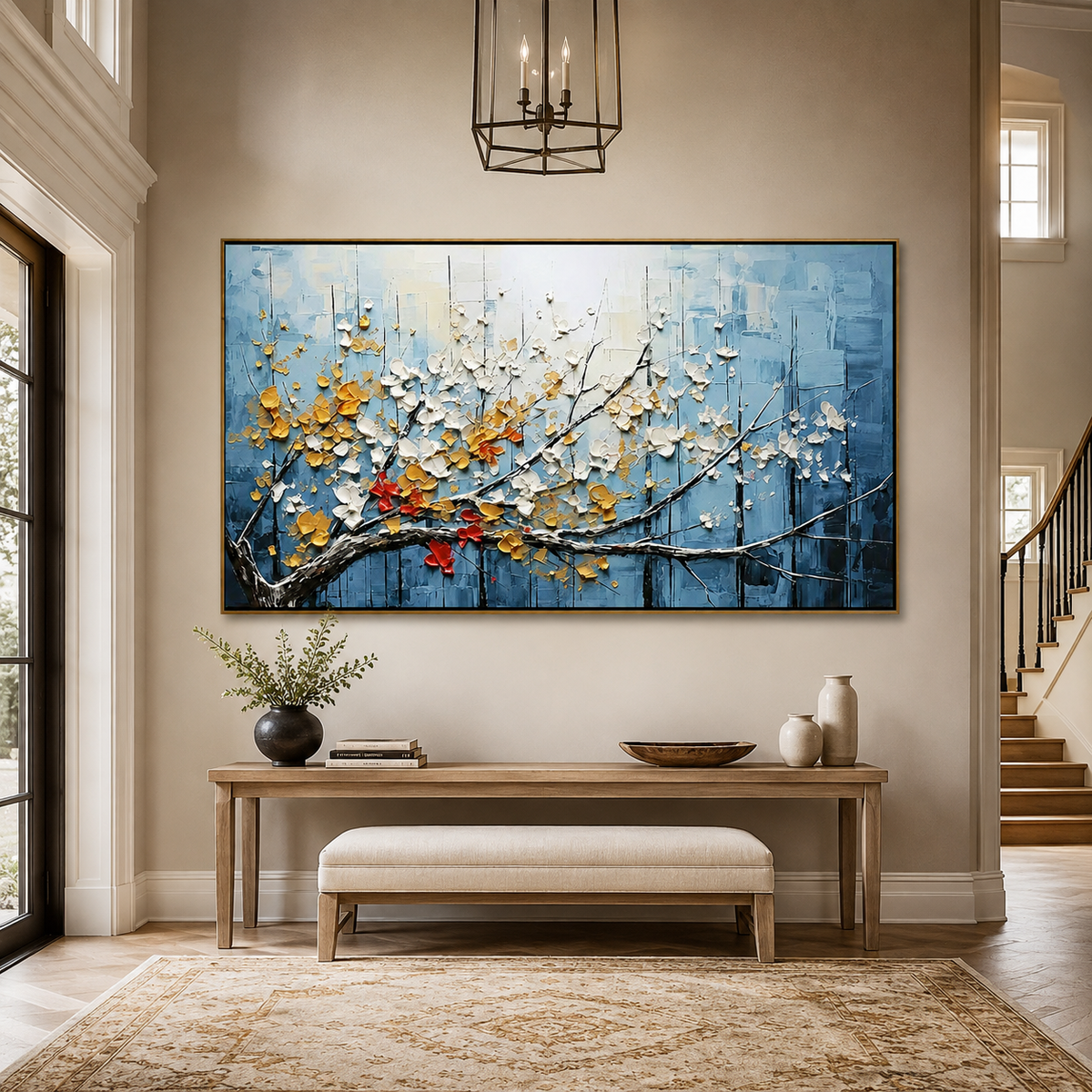 Azure Bloom-Gold White Blossom Branch Painting