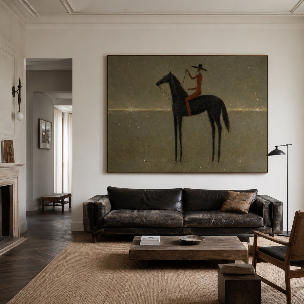 Still Horizon-Black Horse Rider Oil Painting