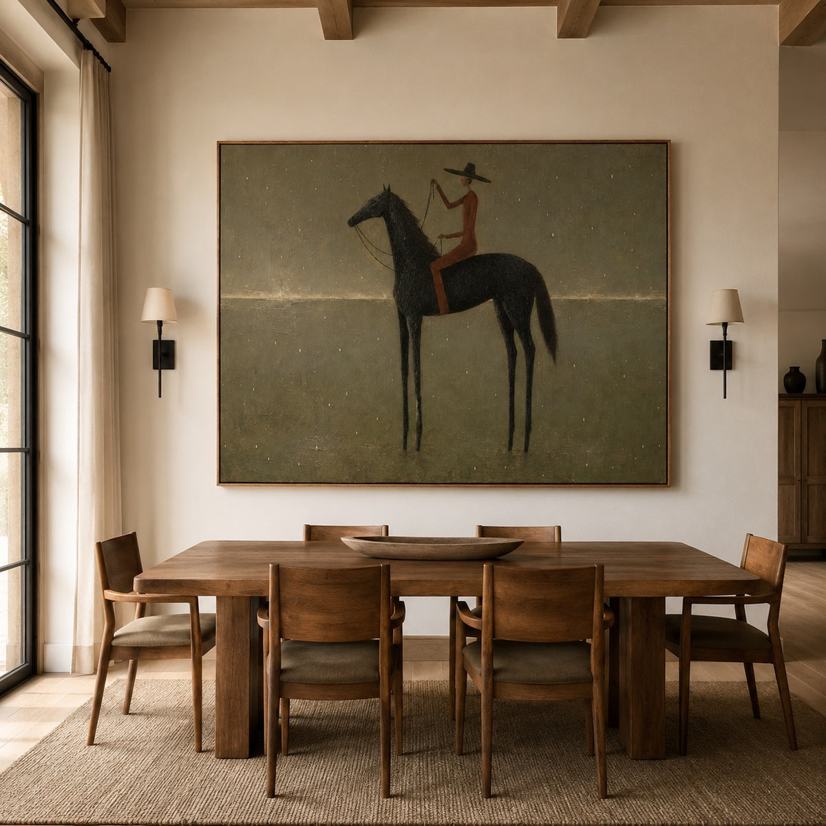 Still Horizon-Black Horse Rider Oil Painting