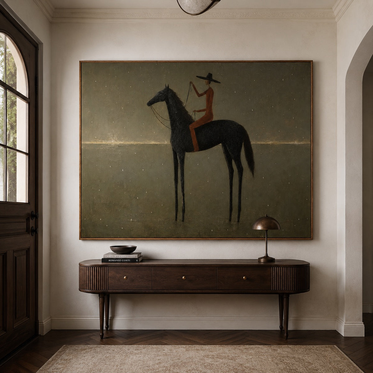 Still Horizon-Black Horse Rider Oil Painting
