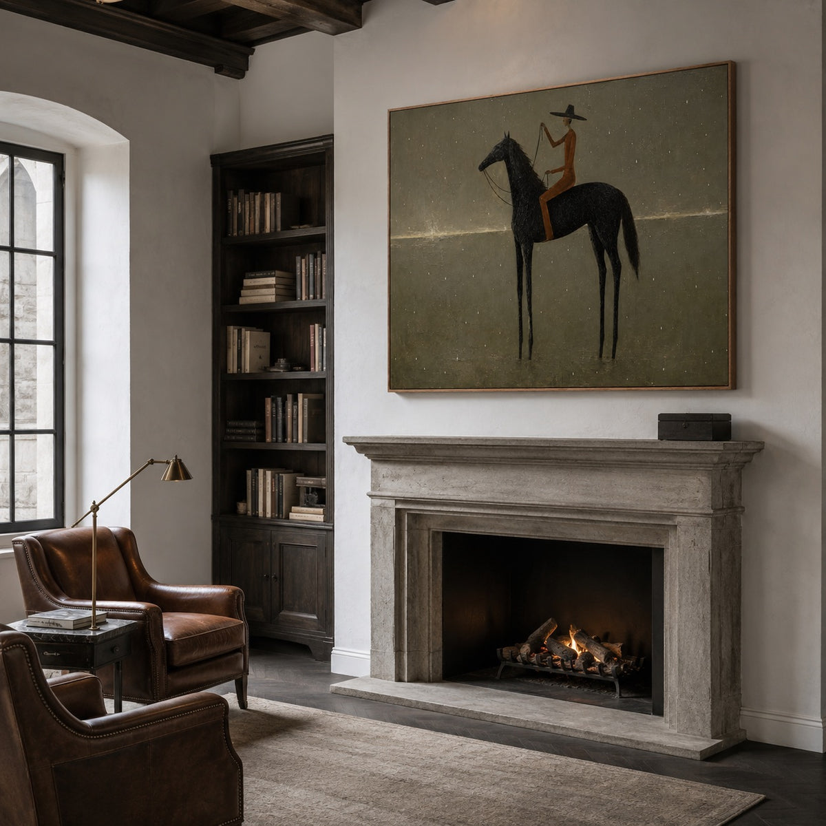 Still Horizon-Black Horse Rider Oil Painting