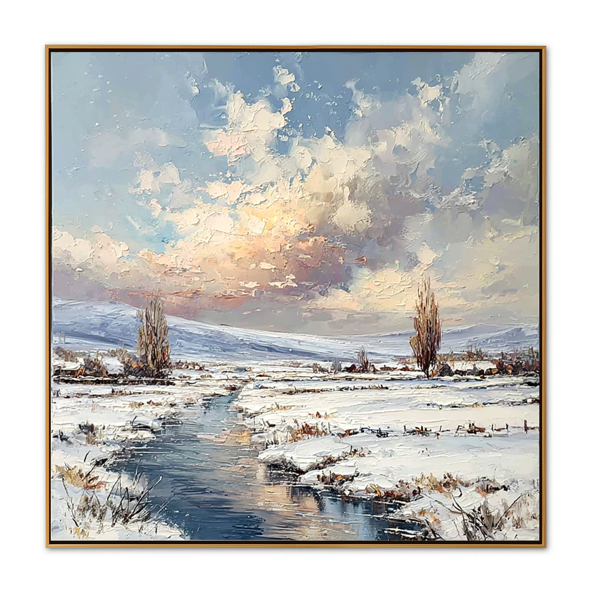 Winter River Landscape-Snowy Countryside Scene Texture Oil Painting