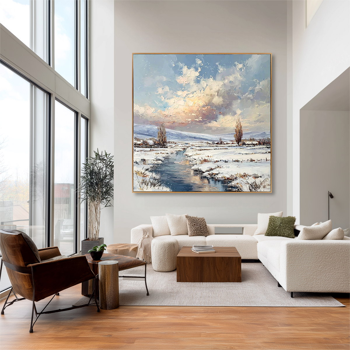 Winter River Landscape-Snowy Countryside Scene Texture Oil Painting