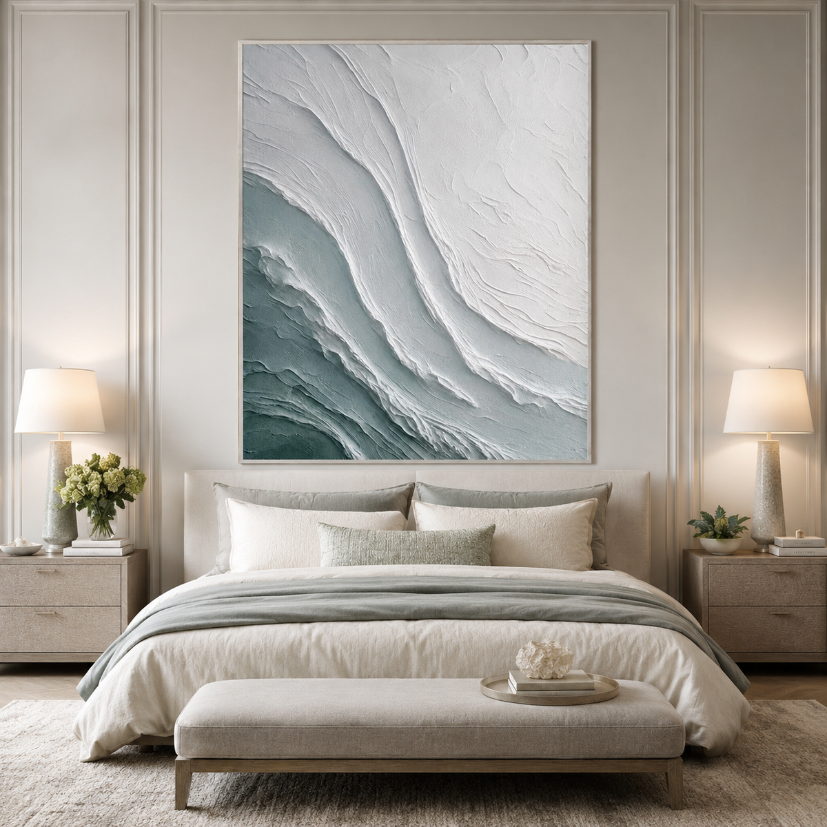 Tidal Veil-Teal White Textured Abstract Painting