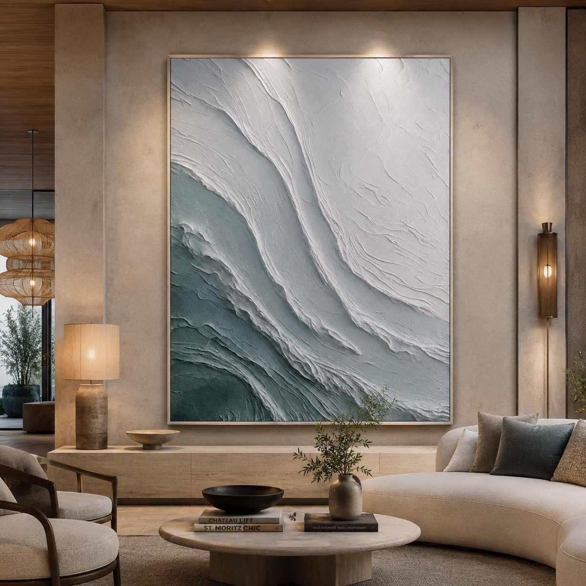 Tidal Veil-Teal White Textured Abstract Painting
