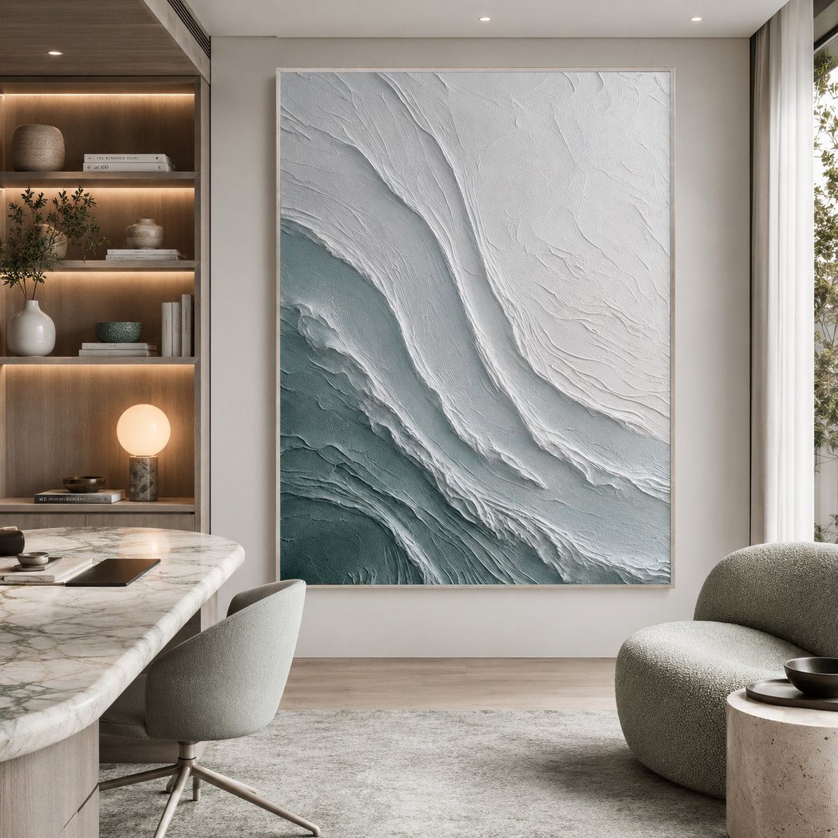 Tidal Veil-Teal White Textured Abstract Painting