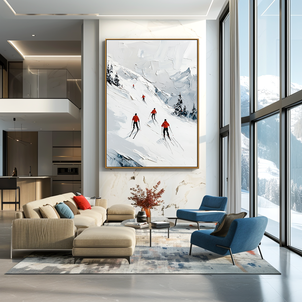 Alpine Ski Mountain-Snowy Slope Adventure Texture Oil Painting