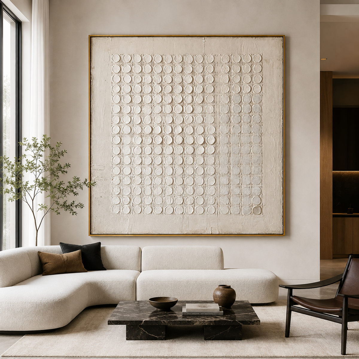 Ivory Grid-Circular Textured Abstract Painting