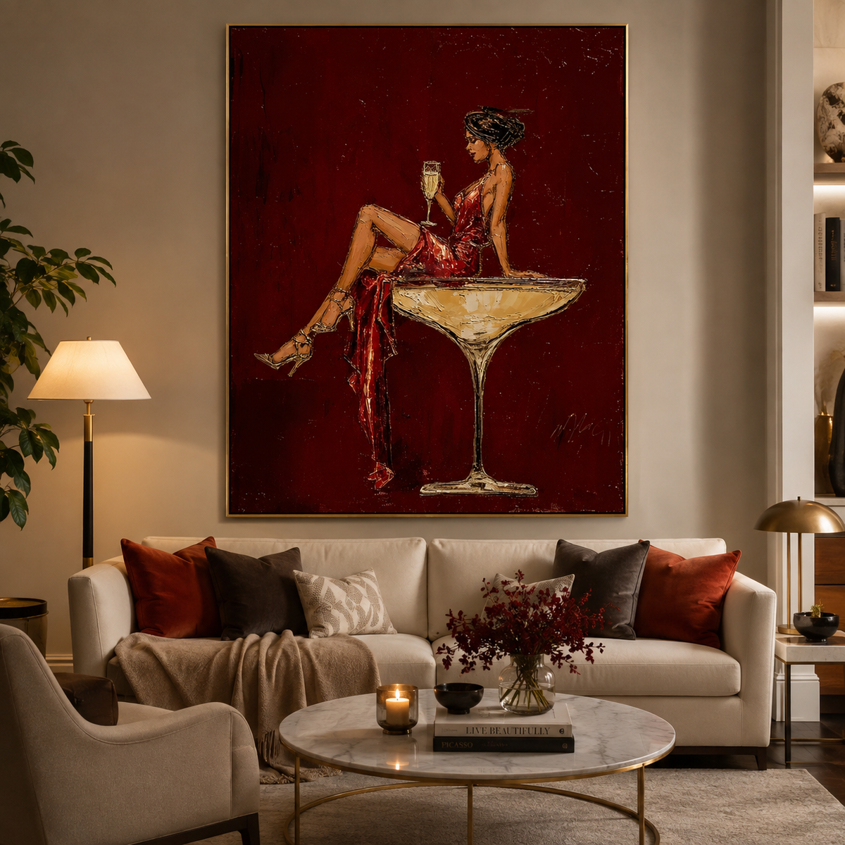 Velvet Toast-Red Champagne Woman Painting