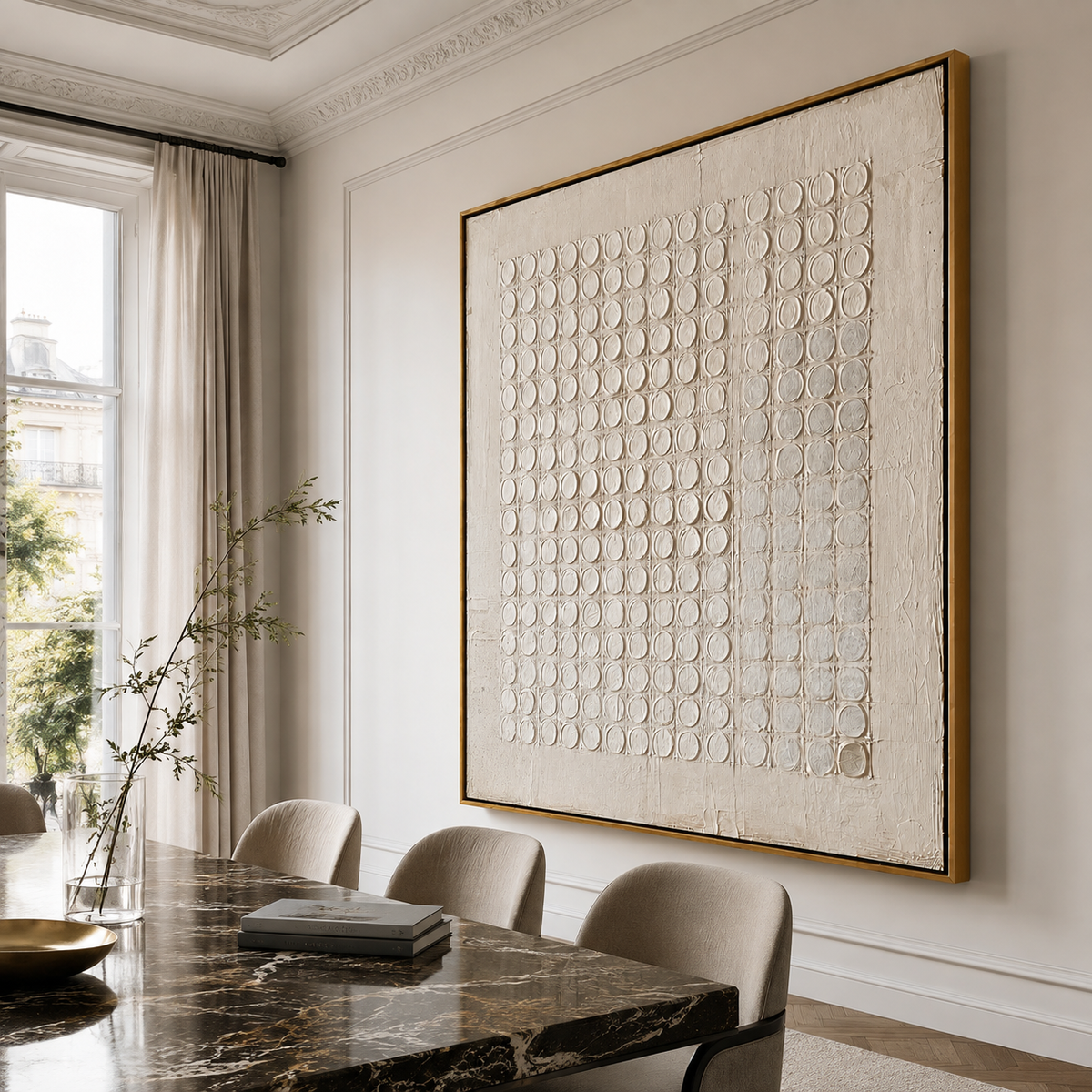 Ivory Grid-Circular Textured Abstract Painting
