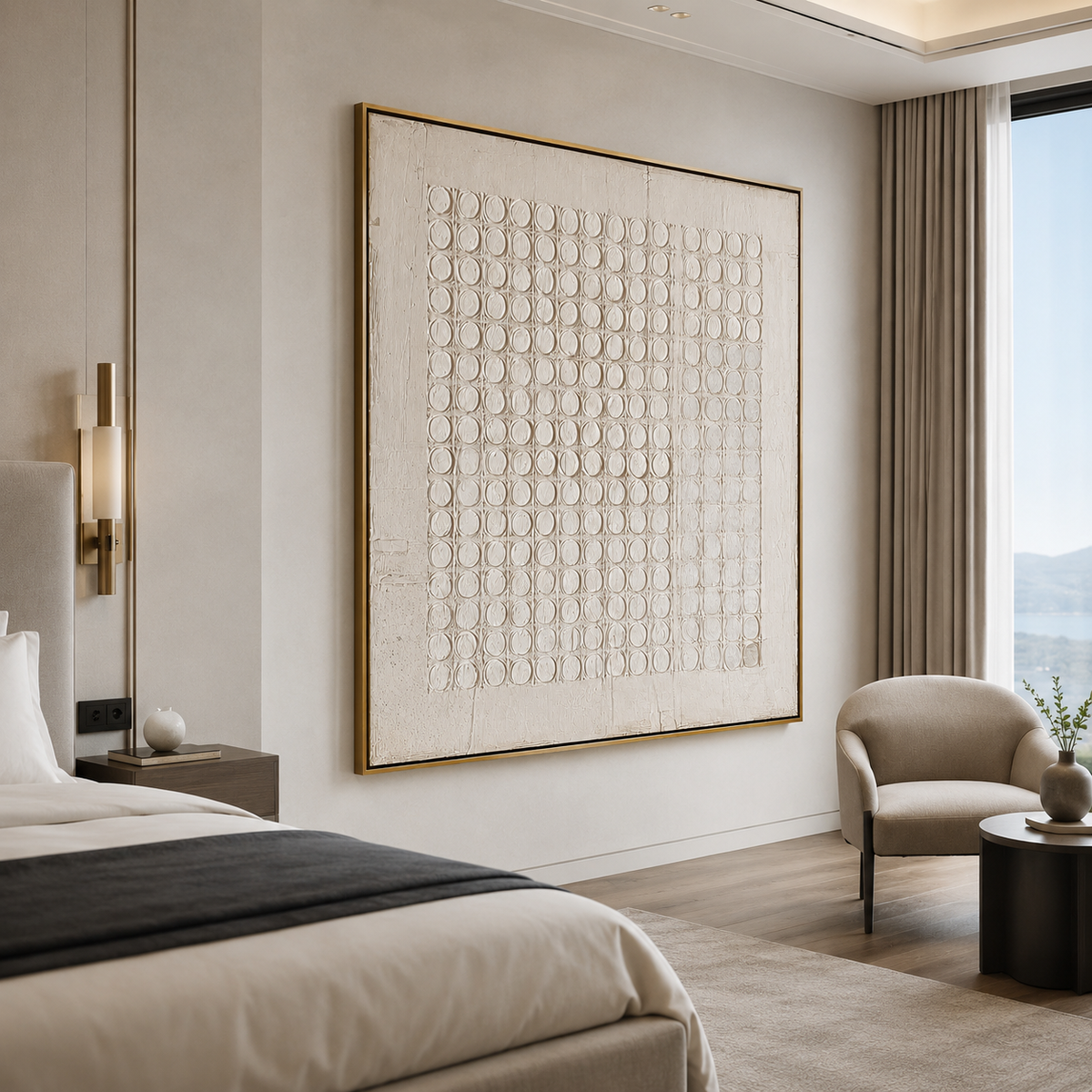 Ivory Grid-Circular Textured Abstract Painting