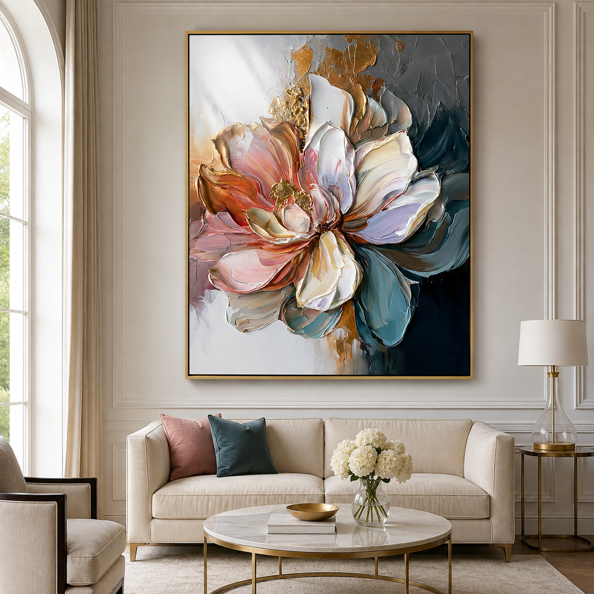 Chromatic Bloom-Teal Pink Impasto Flower Painting