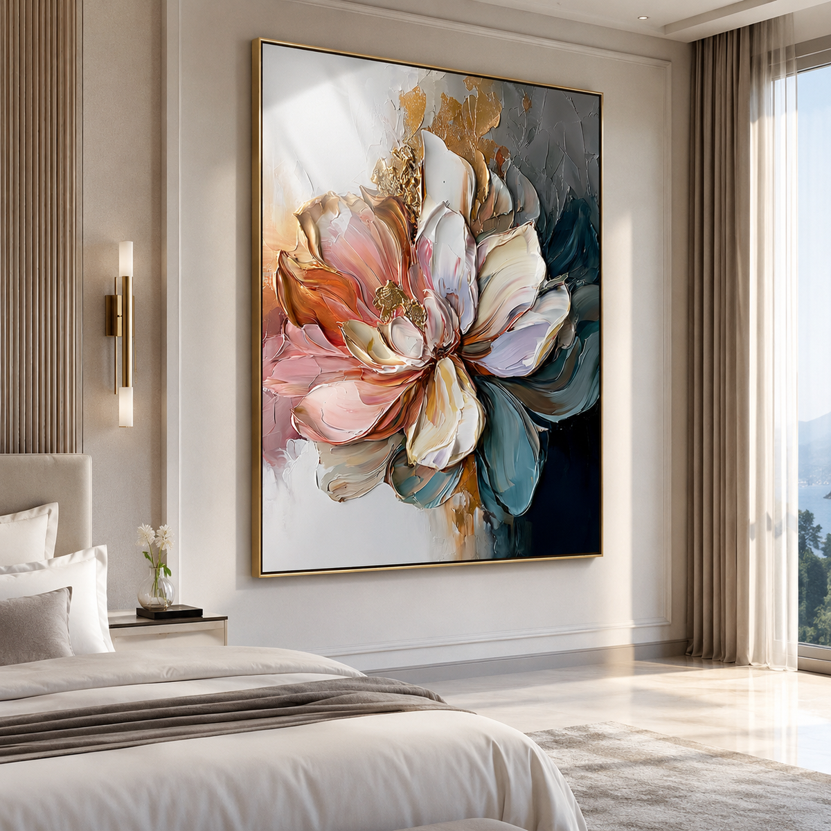Chromatic Bloom-Teal Pink Impasto Flower Painting