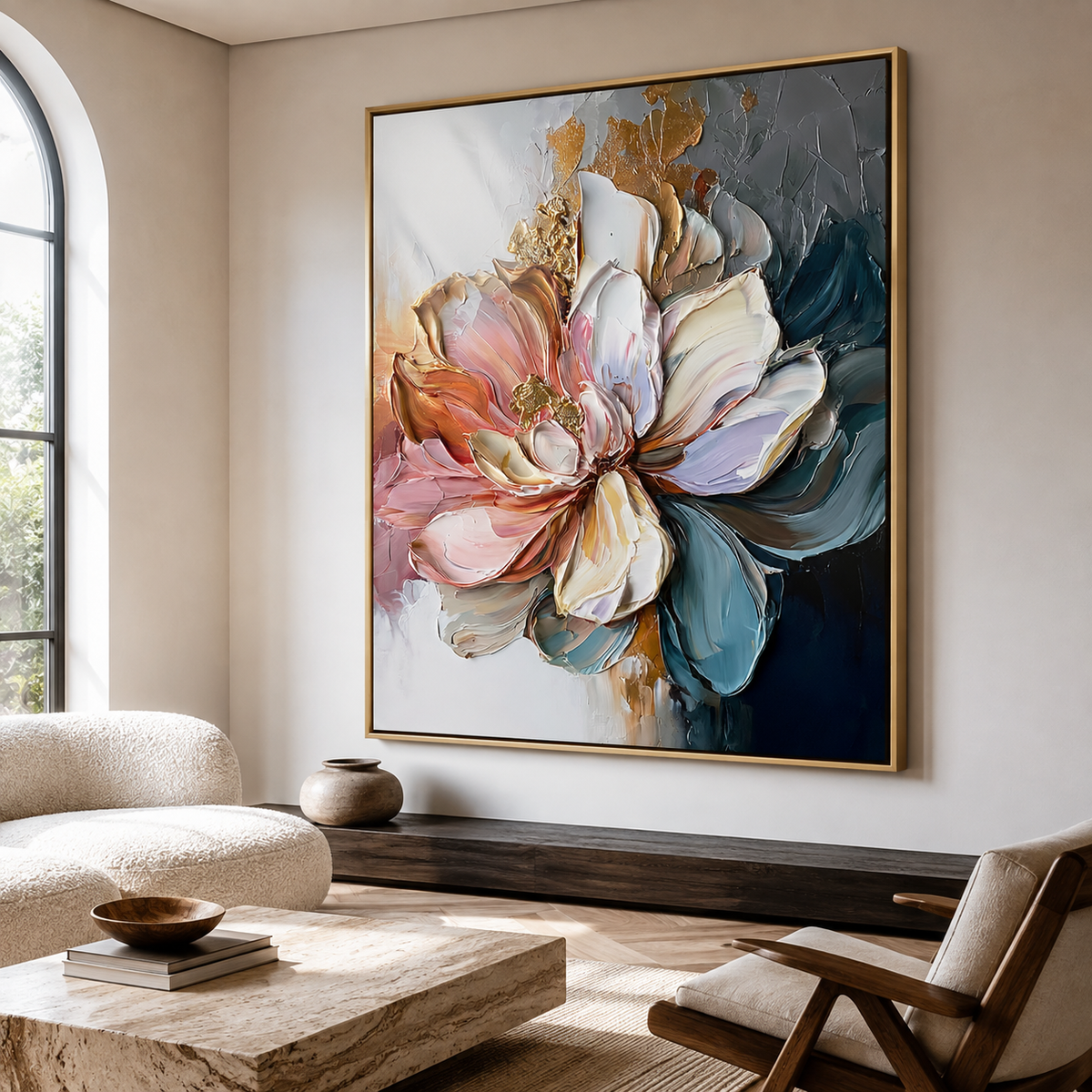 Chromatic Bloom-Teal Pink Impasto Flower Painting