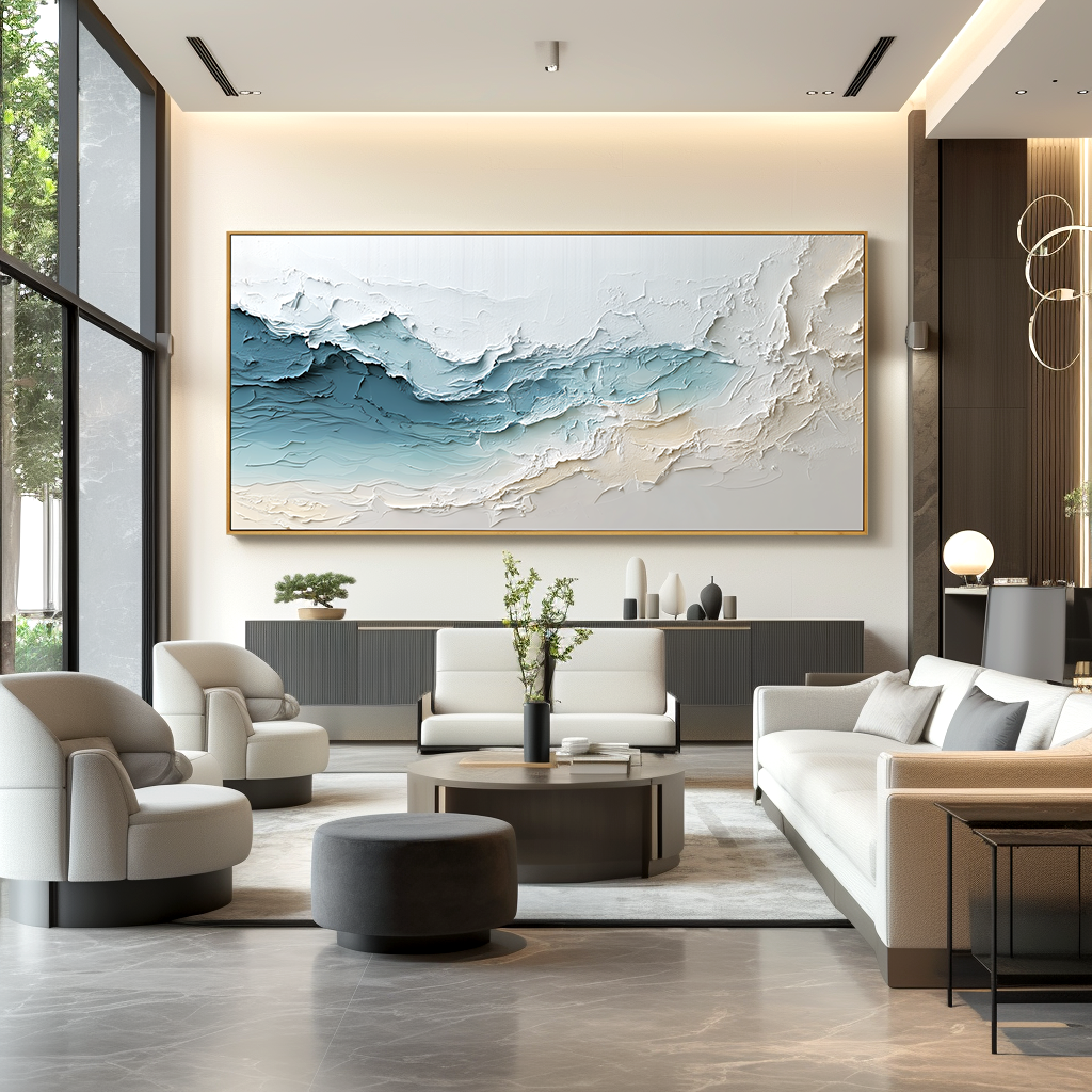 Ocean Mist Horizon-Blue Abstract Coastal Wave Textured Oil Painting