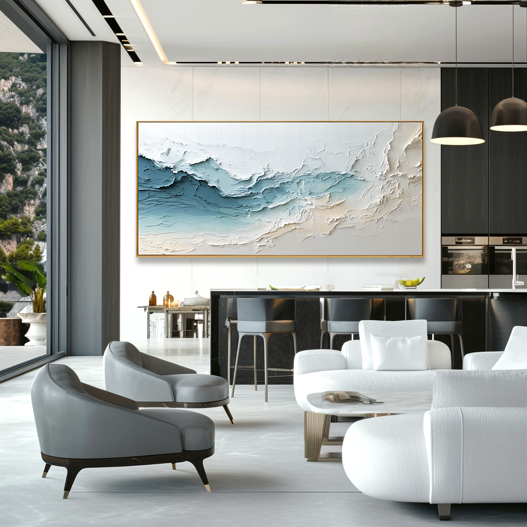 Ocean Mist Horizon-Blue Abstract Coastal Wave Textured Oil Painting