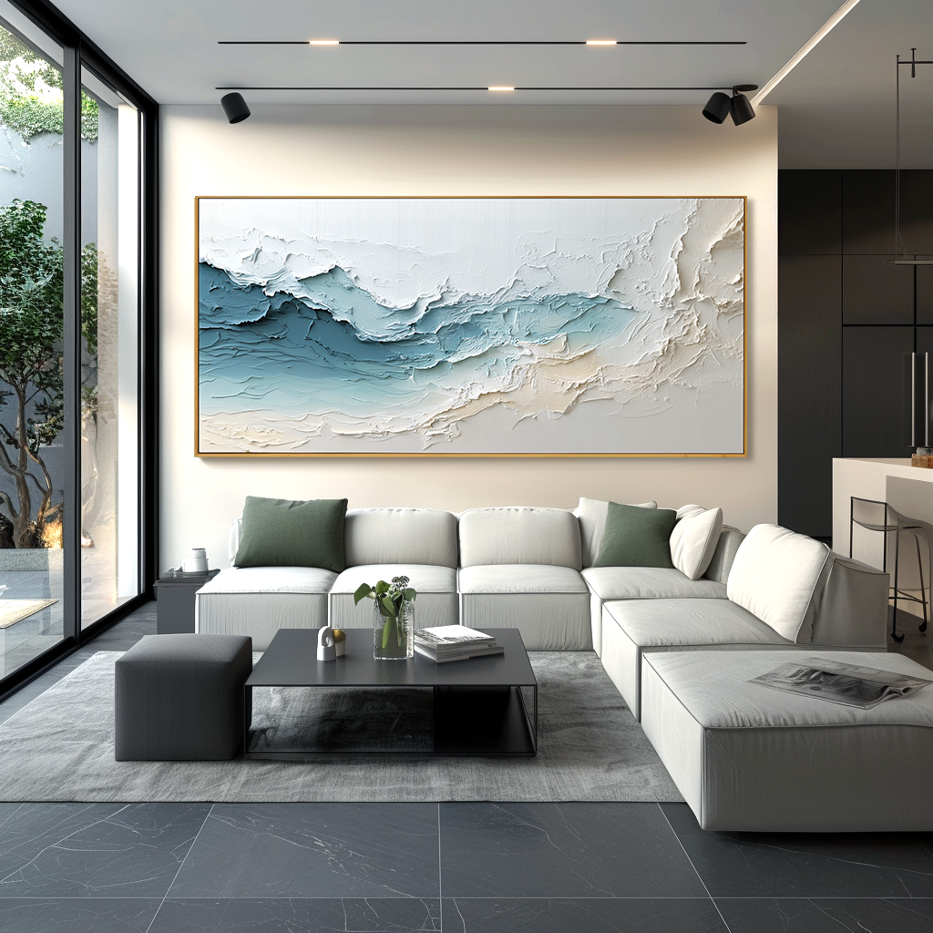 Ocean Mist Horizon-Blue Abstract Coastal Wave Textured Oil Painting
