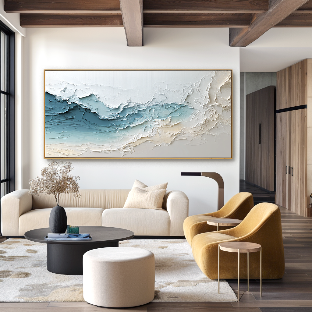 Ocean Mist Horizon-Blue Abstract Coastal Wave Textured Oil Painting