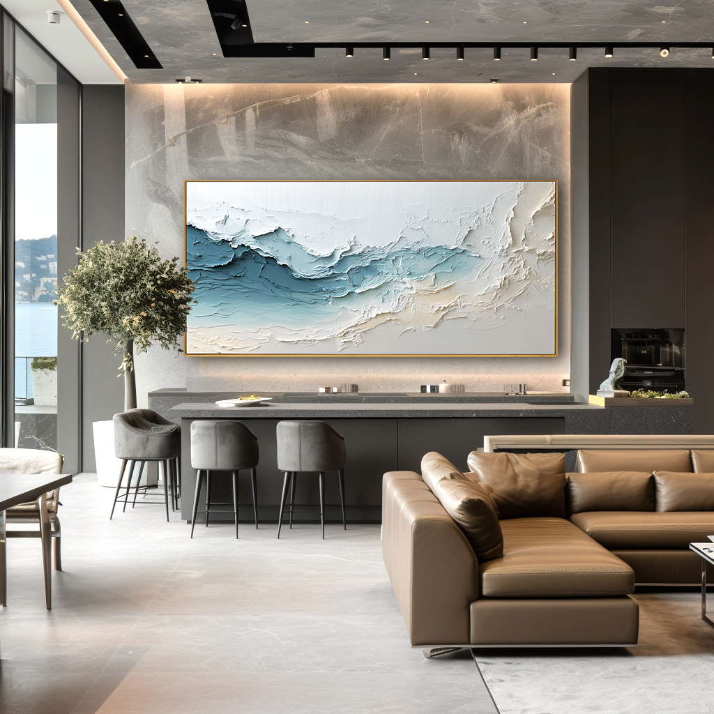 Ocean Mist Horizon-Blue Abstract Coastal Wave Textured Oil Painting