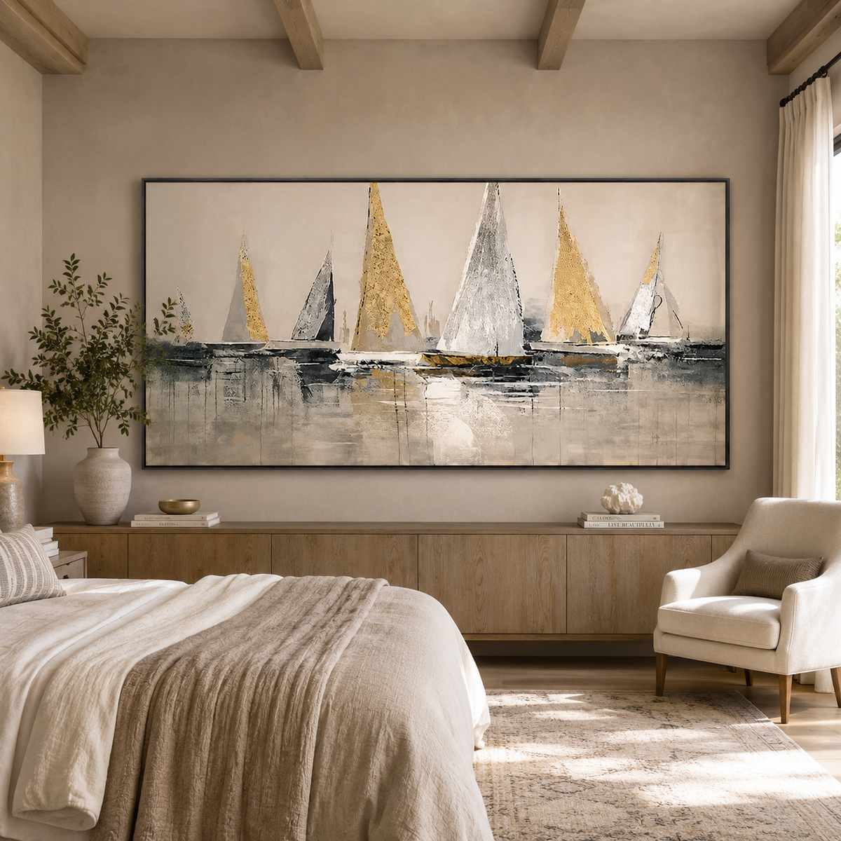 Harbor Gleam-Gold Sailboat Painting