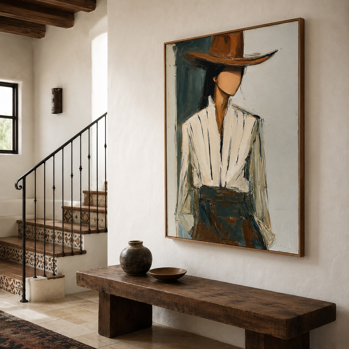 Teal Tailored-Cowgirl Fashion Oil Painting