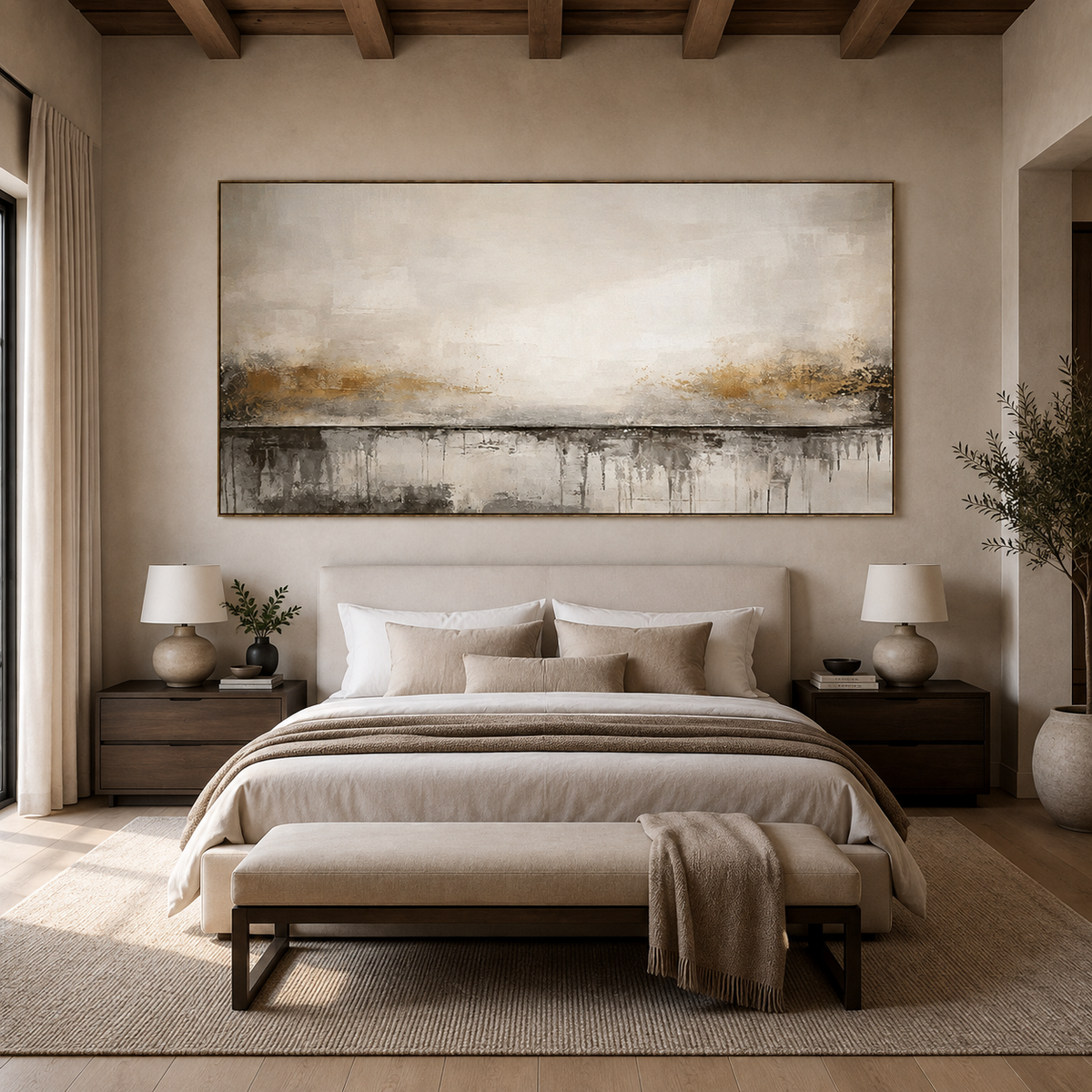 Golden Horizon-Neutral Panoramic Abstract Painting