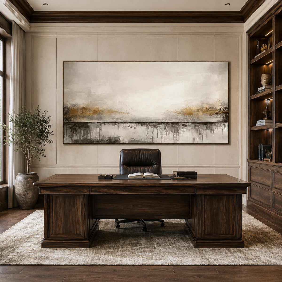 Golden Horizon-Neutral Panoramic Abstract Painting