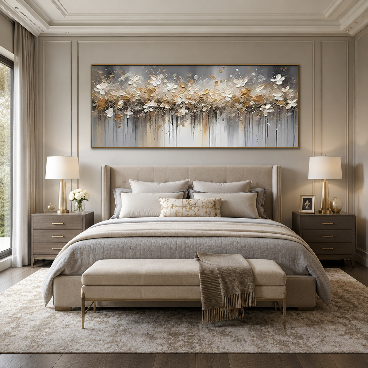 Gilded Drift-White Gold Floral Abstract Painting