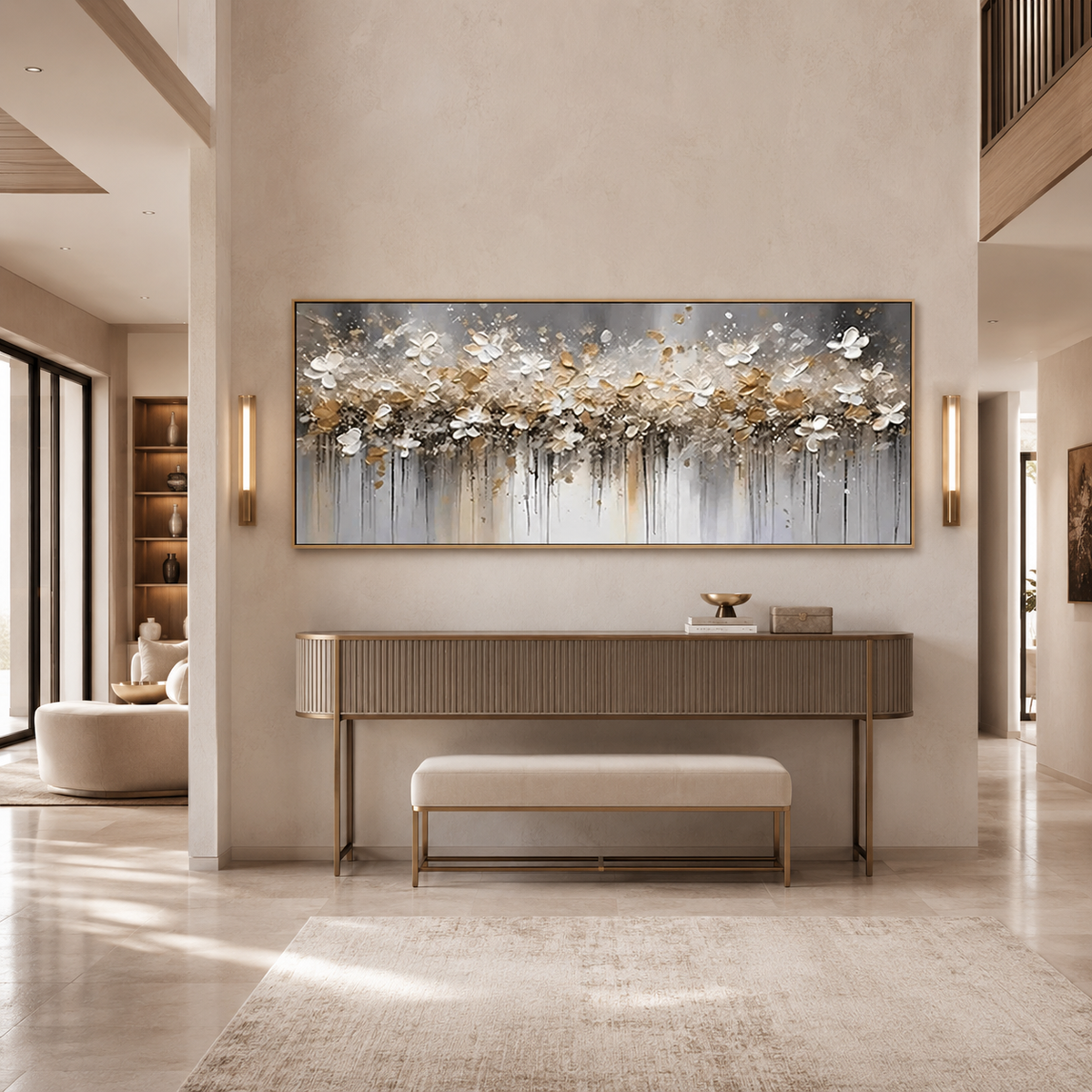 Gilded Drift-White Gold Floral Abstract Painting