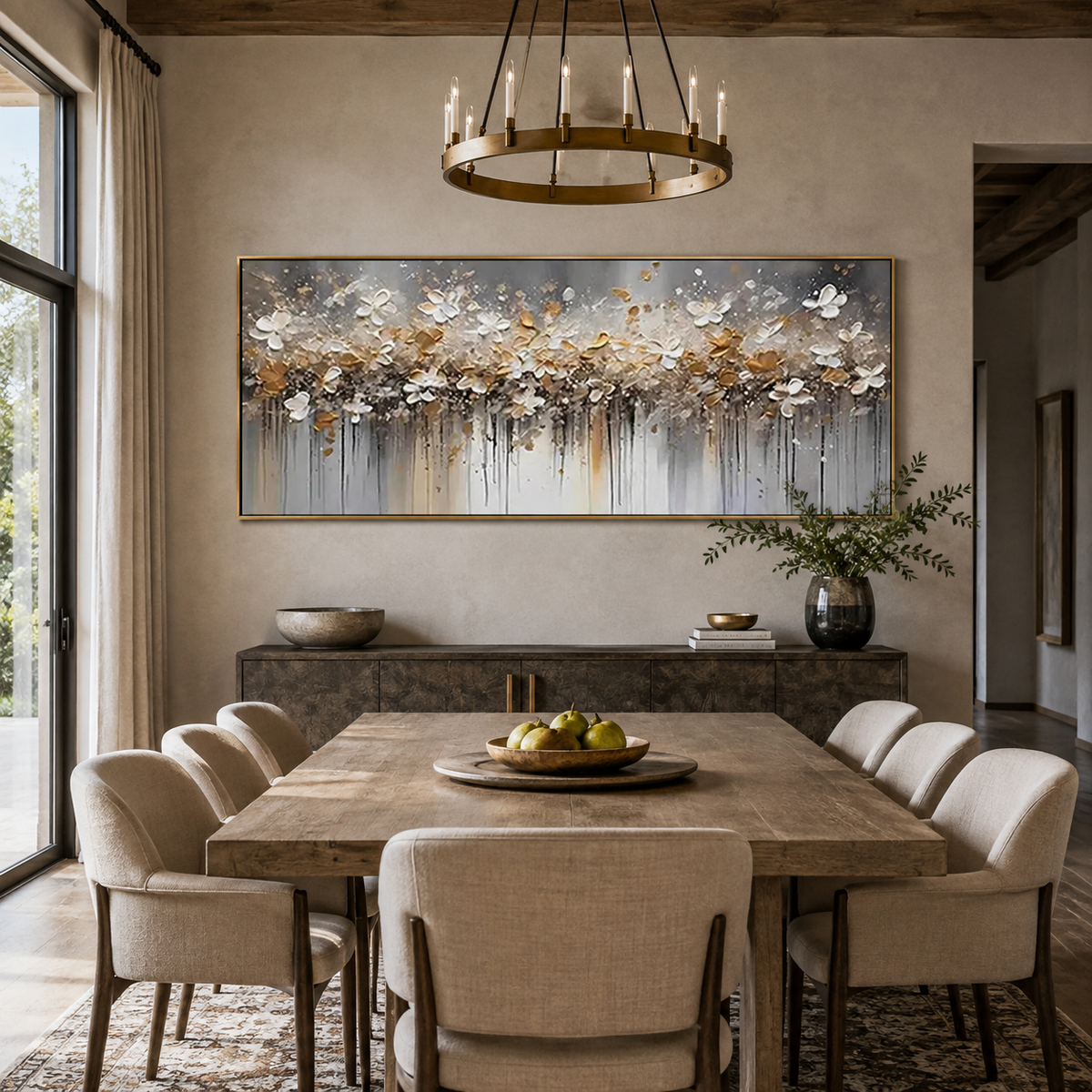 Gilded Drift-White Gold Floral Abstract Painting