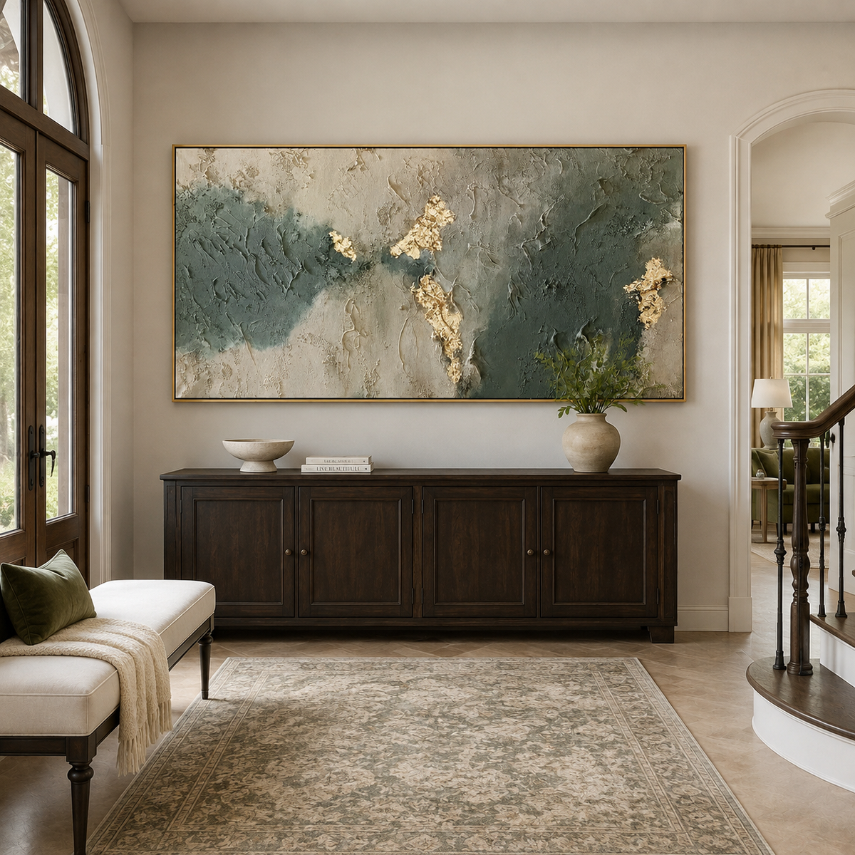 Verdant Veil-Green Gold Textured Abstract Painting