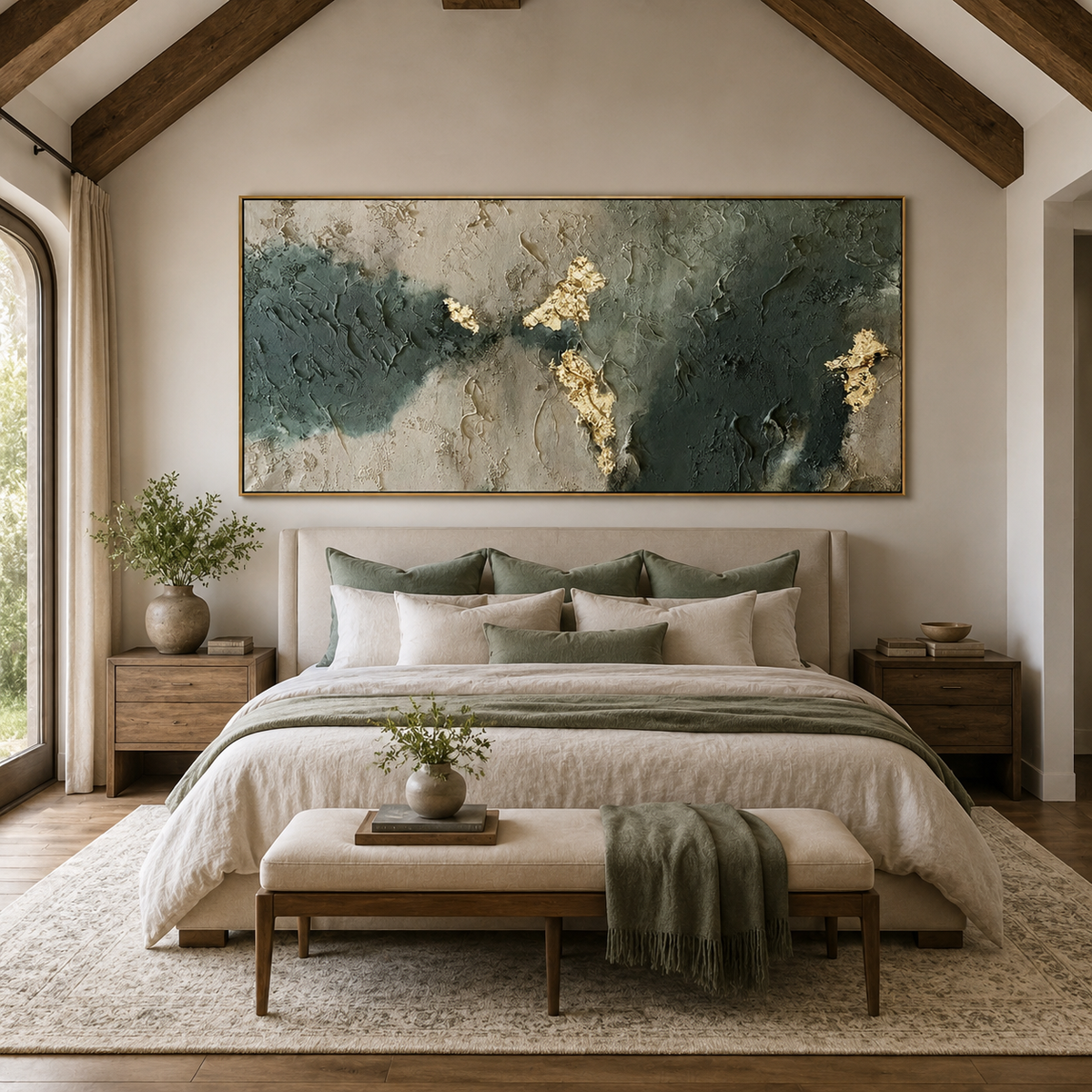 Verdant Veil-Green Gold Textured Abstract Painting