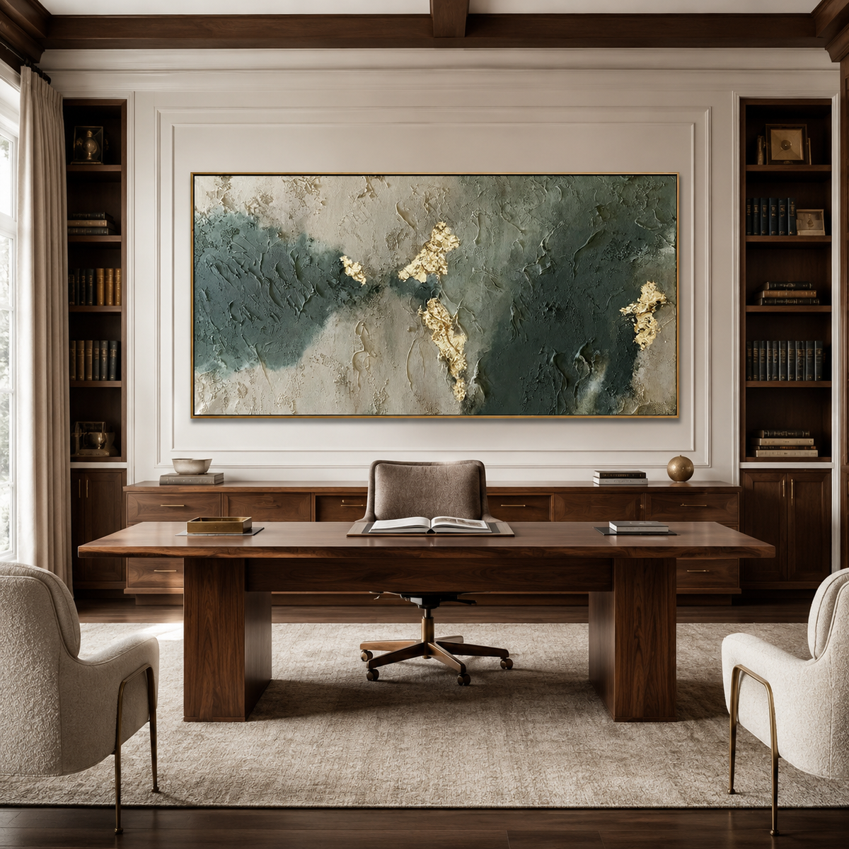 Verdant Veil-Green Gold Textured Abstract Painting