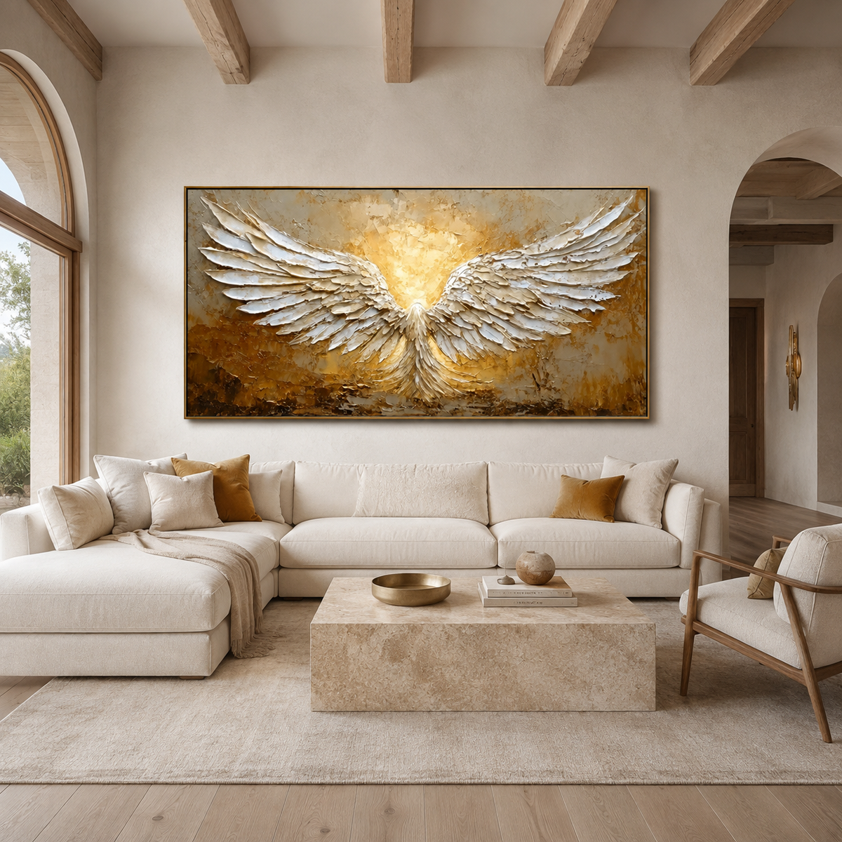 Celestial Rise-White Gold Angel Wings Painting