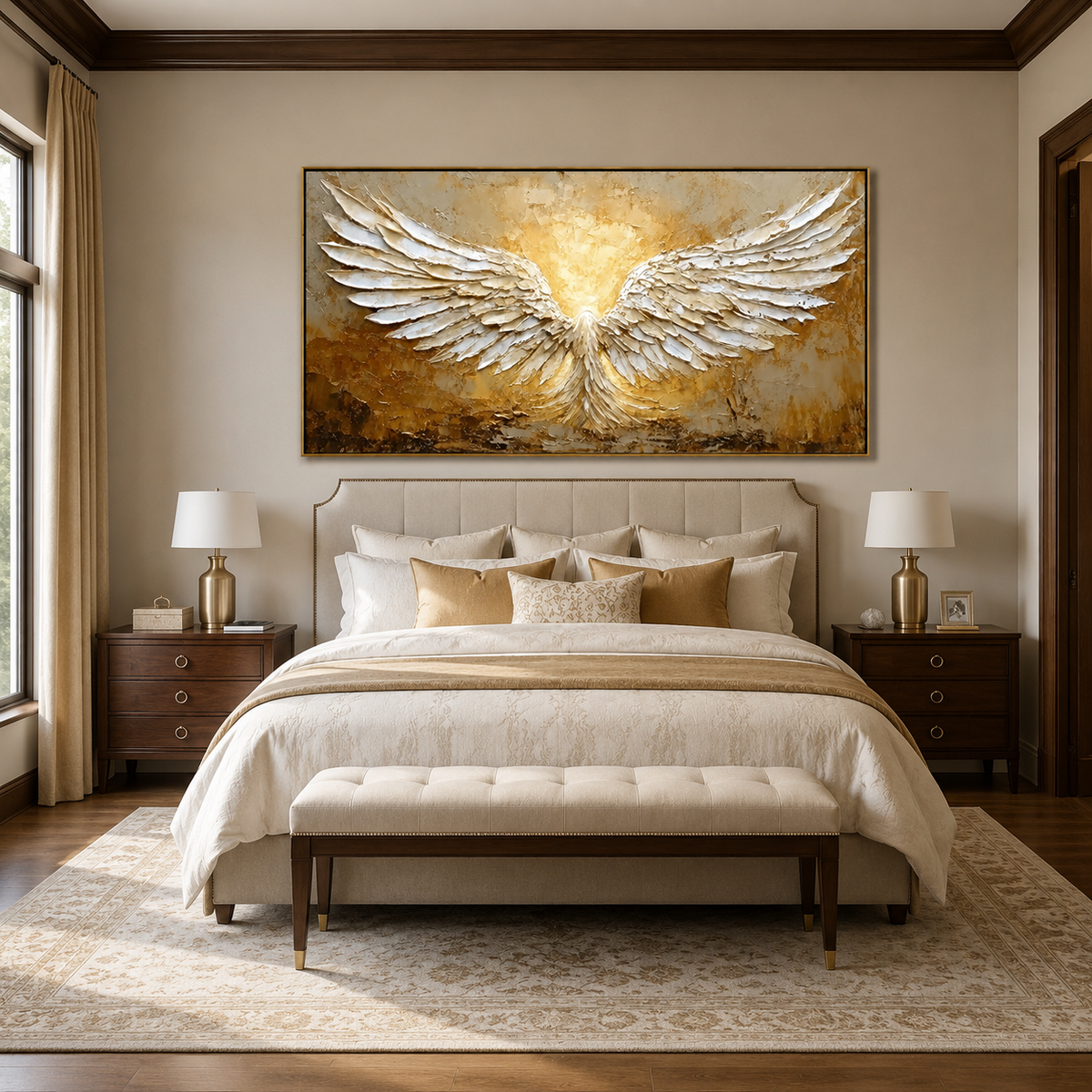 Celestial Rise-White Gold Angel Wings Painting