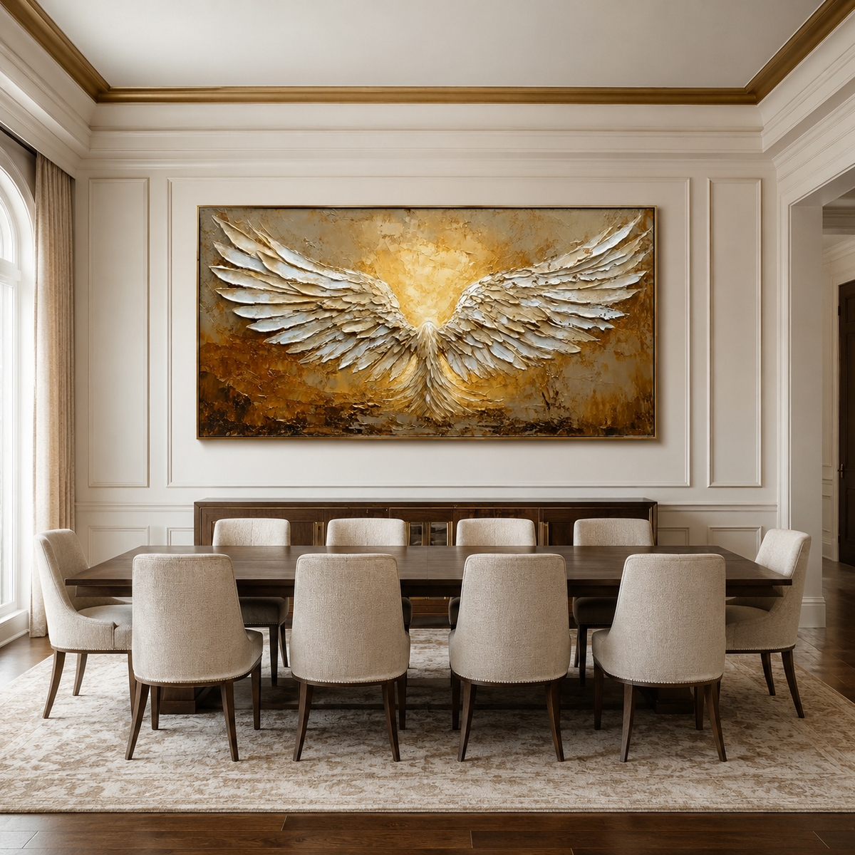 Celestial Rise-White Gold Angel Wings Painting