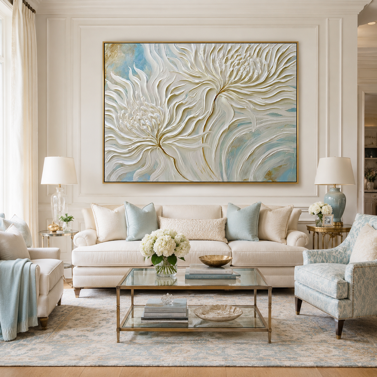 Ivory Whirl-White Chrysanthemum Impasto Painting