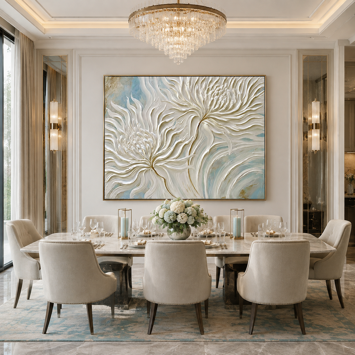 Ivory Whirl-White Chrysanthemum Impasto Painting