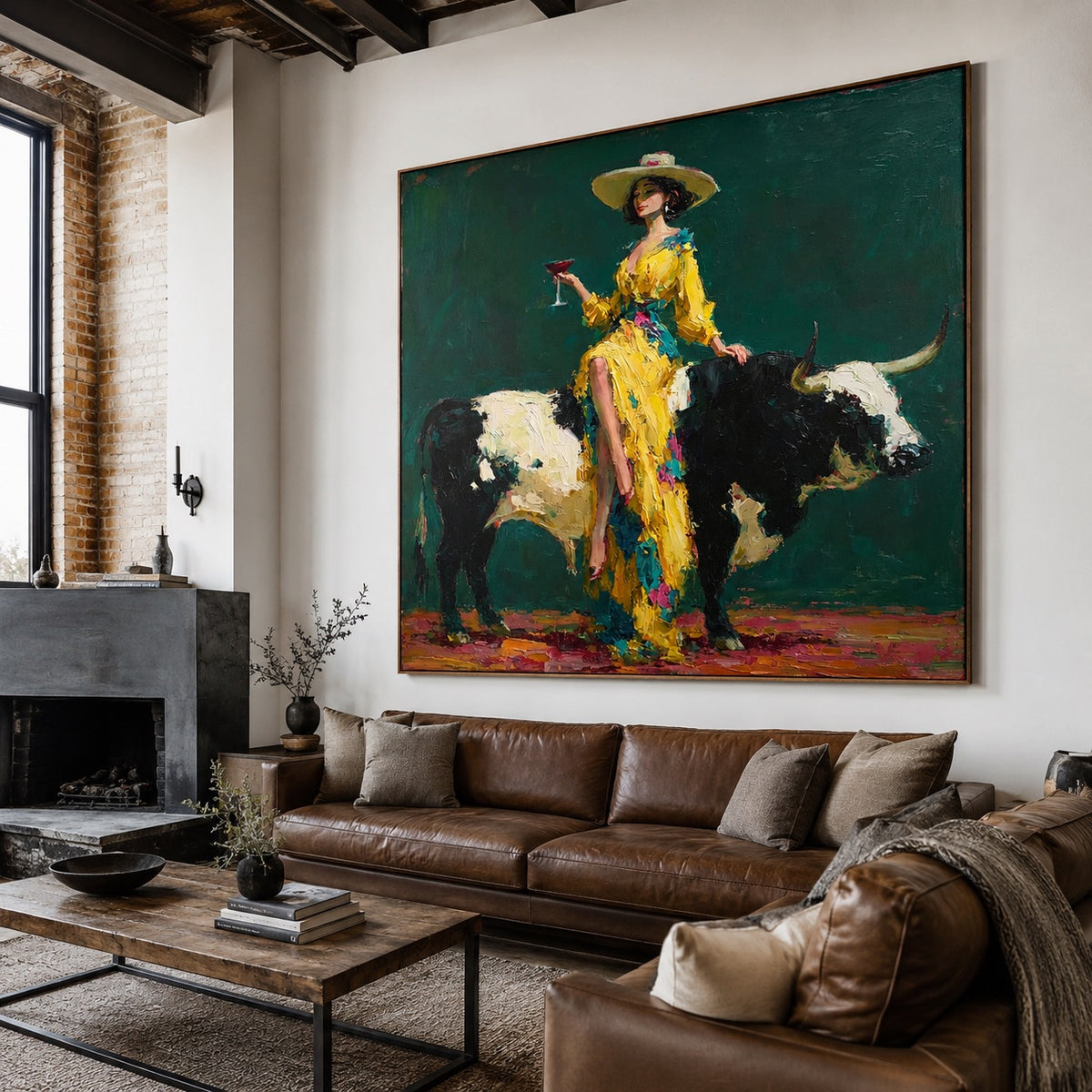 Golden Rodeo-Cowgirl Longhorn Oil Painting