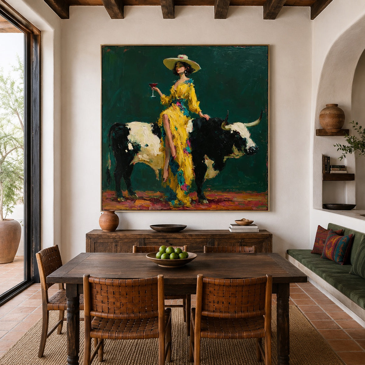 Golden Rodeo-Cowgirl Longhorn Oil Painting