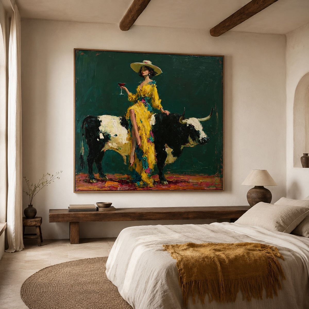 Golden Rodeo-Cowgirl Longhorn Oil Painting