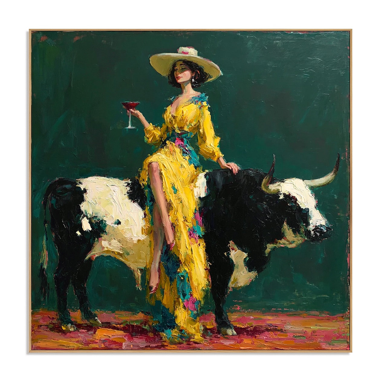 Golden Rodeo-Cowgirl Longhorn Oil Painting