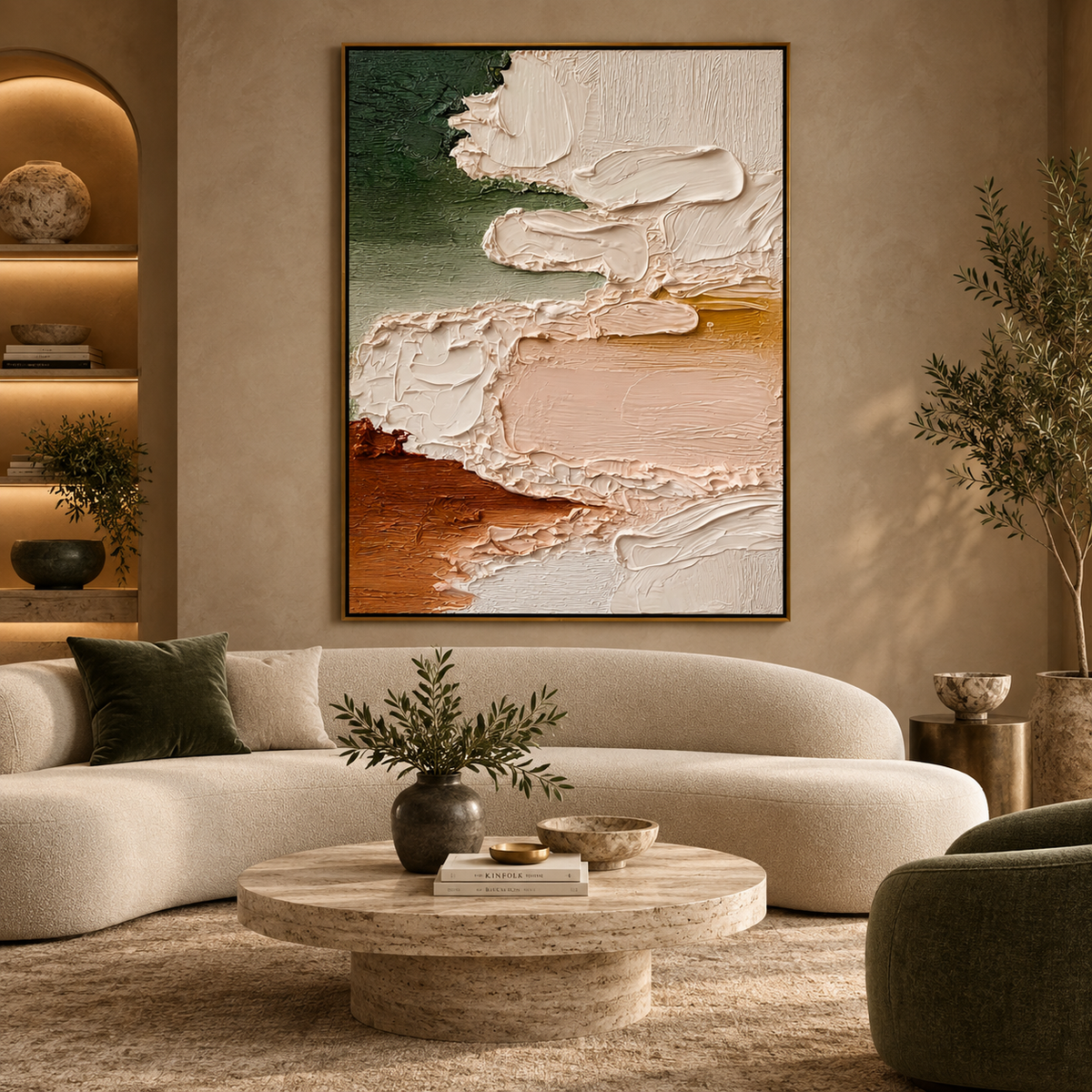 Organic Layers Harmony-Abstract Green Beige Textured Painting
