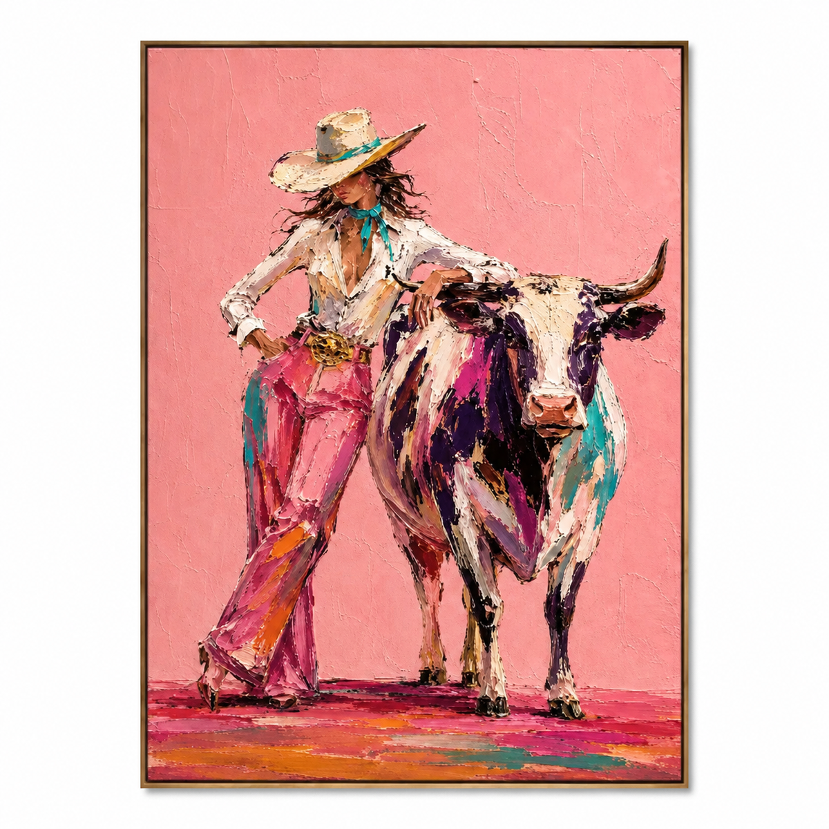 Cowboy Woman and Bull-Colorful Western Oil Painting