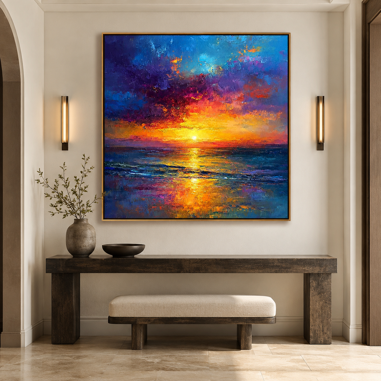 Golden Horizon-Abstract Sunset Ocean Painting