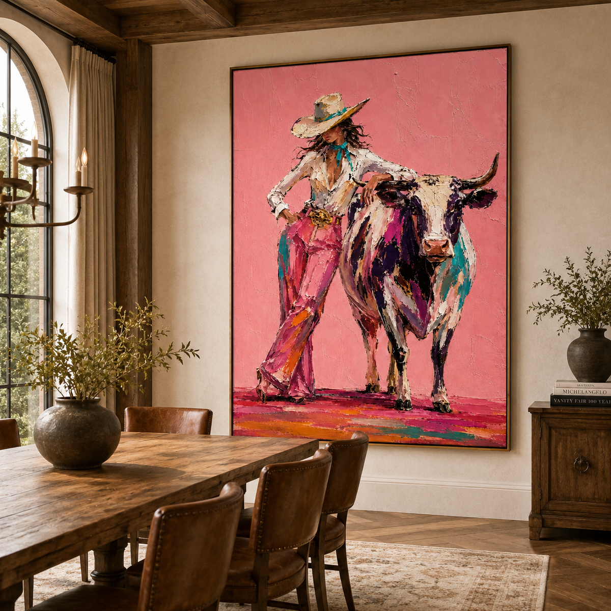 Cowboy Woman and Bull-Colorful Western Oil Painting