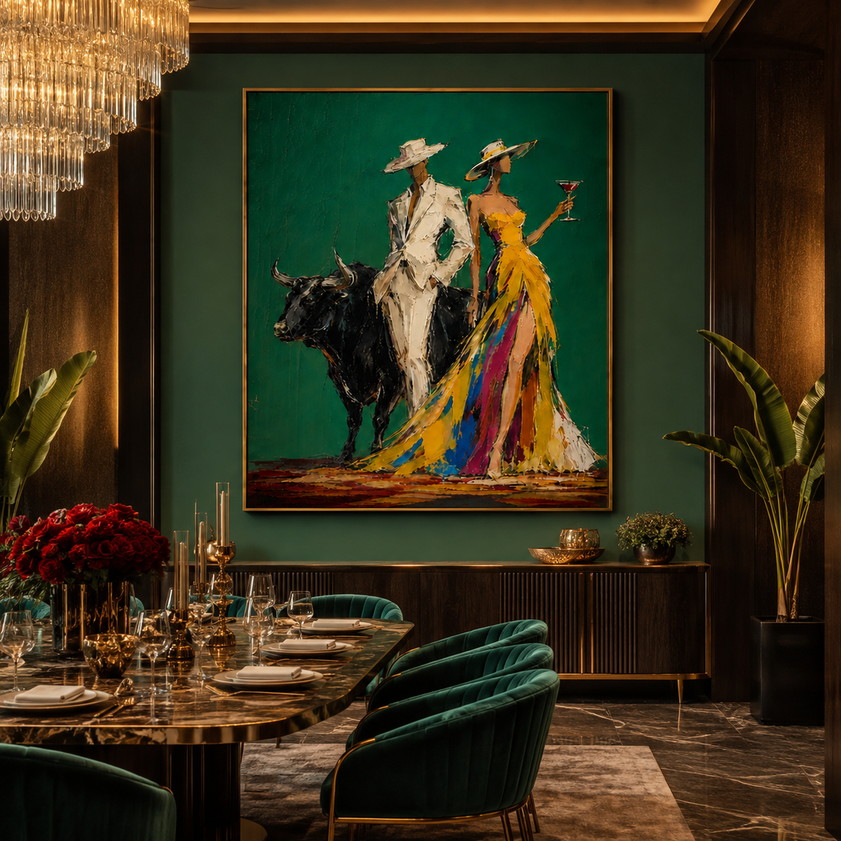 Emerald Affair-Bull and Fashion Couple Painting