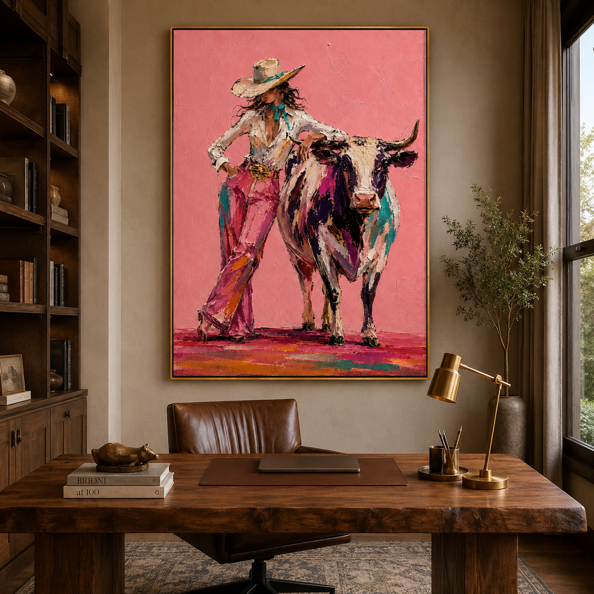 Cowboy Woman and Bull-Colorful Western Oil Painting