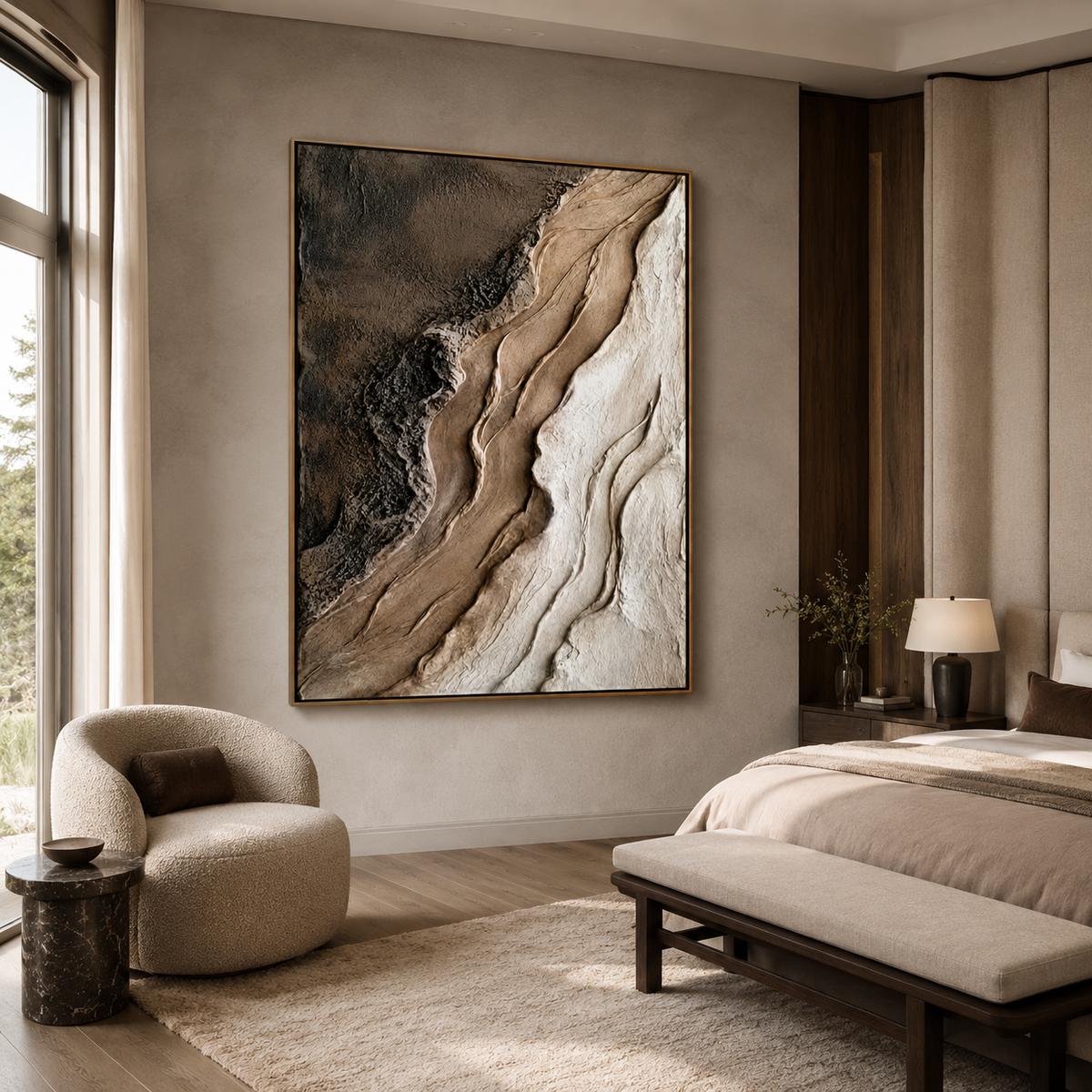 Earthen Flow-Brown White Textured Abstract Painting