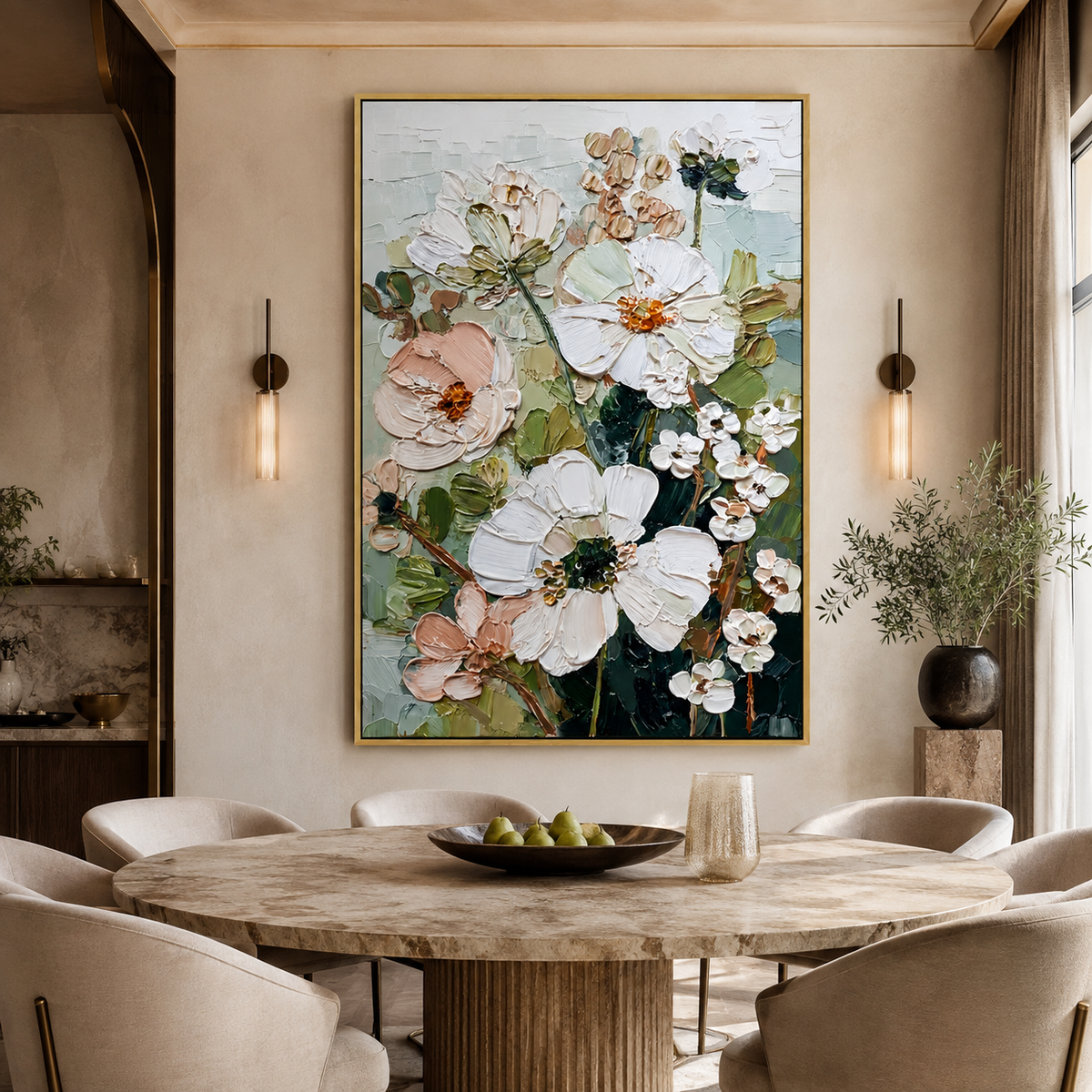 Ivory Blossom Grove-Textured Floral Oil Painting